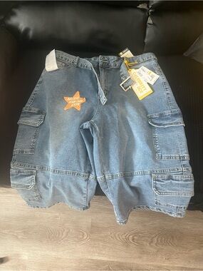 Denim Cargo Shorts with Orange Star Patch